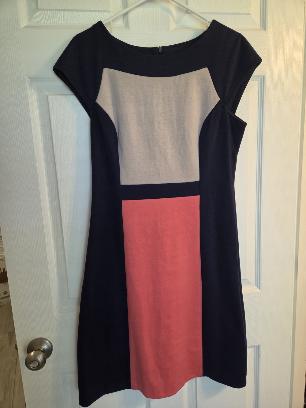 dressbarn Navy, Tan, and Coral Dress — Cap Sleeve Colorblock Midi